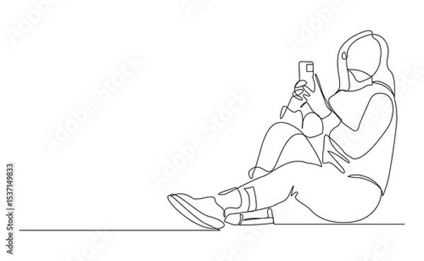 Obraz Continuous line drawing of business woman holding smartphone. Editable stroke sketch line concept of finger click phone. Vector illustration