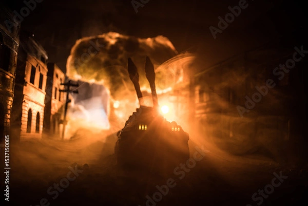 Fototapeta Rocket launch with fire clouds. Battle scene with rocket Missiles with Warhead Aimed at Gloomy Sky at night. Soldiers and Rockets War Backgound.