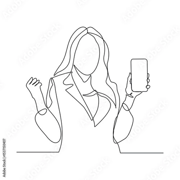 Obraz Continuous line drawing of business woman holding smartphone. Editable stroke sketch line concept of finger click phone. Vector illustration