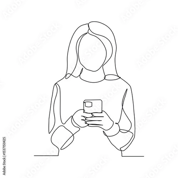 Obraz Continuous line drawing of business woman holding smartphone. Editable stroke sketch line concept of finger click phone. Vector illustration