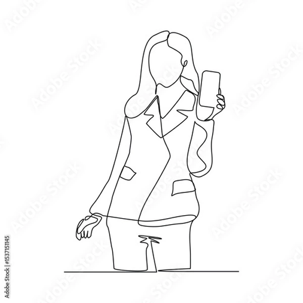 Obraz Continuous line drawing of business woman holding smartphone. Editable stroke sketch line concept of finger click phone. Vector illustration