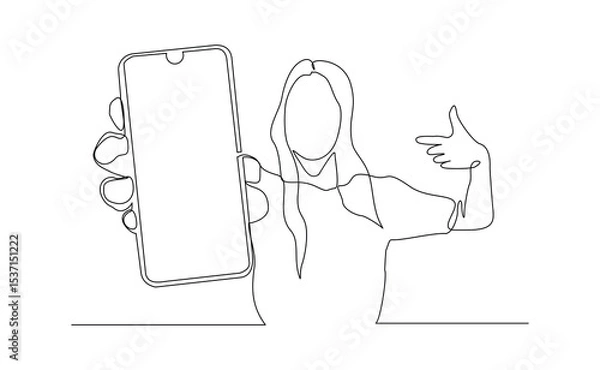 Obraz Continuous line drawing of business woman holding smartphone. Editable stroke sketch line concept of finger click phone. Vector illustration