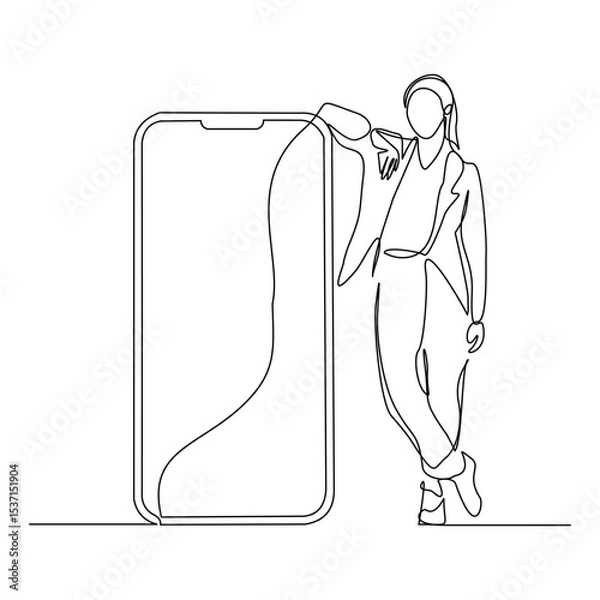 Obraz Continuous line drawing of business woman holding smartphone. Editable stroke sketch line concept of finger click phone. Vector illustration