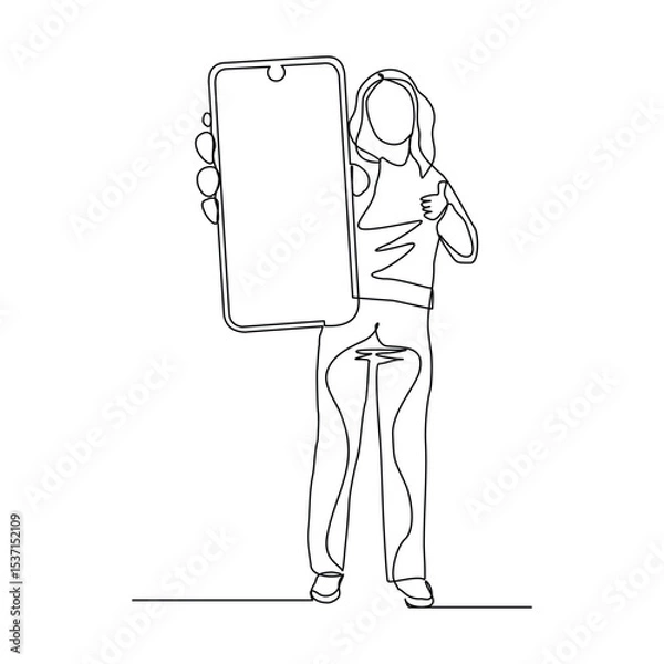 Obraz Continuous line drawing of business woman holding smartphone. Editable stroke sketch line concept of finger click phone. Vector illustration