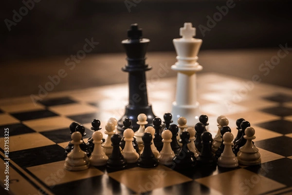 Fototapeta Chess board game concept of business ideas and competition and strategy ideas concep. Chess figures on a dark background with smoke and fog. Selective focus