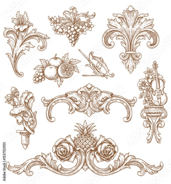 Fototapeta Luxury decorative vector elements set, rococo and baroque style, vintage luxury royal vignette
