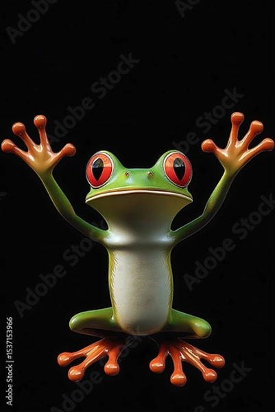 Obraz Colorful tree frog with vibrant red eyes and orange hands posed against a black background