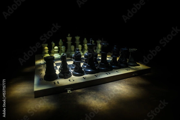 Fototapeta Chess board game concept of business ideas and competition. Chess figures on a dark background with smoke and fog.