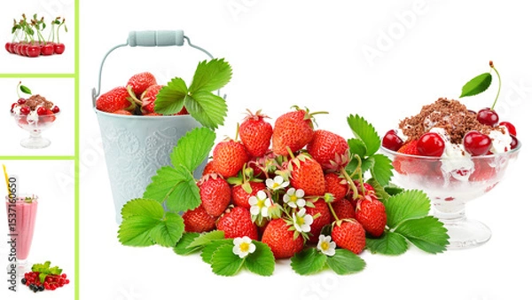 Fototapeta Set of tasty juice, smoothie and ice cream, strawberries, currants and cherries isolated on white