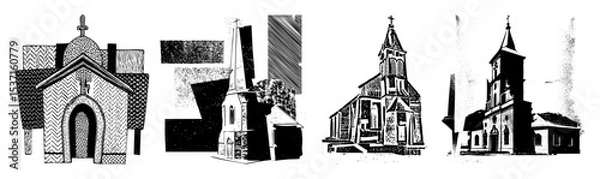 Obraz Vector Detailed vector illustrations of four distinct historic churches with varying architectural styles.
