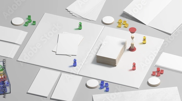 Fototapeta White board game field with chips, dice and cards mockup