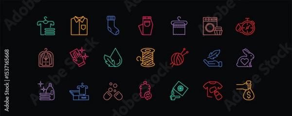 Fototapeta This laundry icon set features 21 editable stroke . It includes clothes, washing machines, cleaning tools, natural fabrics. Ideal for laundry services, and sustainable washing product packaging.
