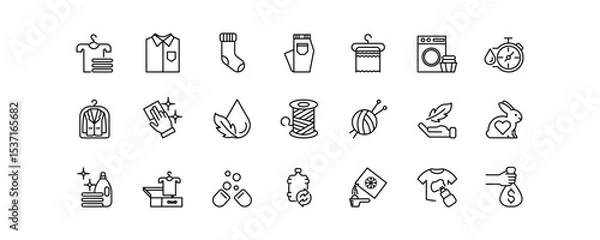 Fototapeta This laundry icon set features 21 editable stroke . It includes clothes, washing machines, cleaning tools, natural fabrics. Ideal for laundry services, and sustainable washing product packaging.