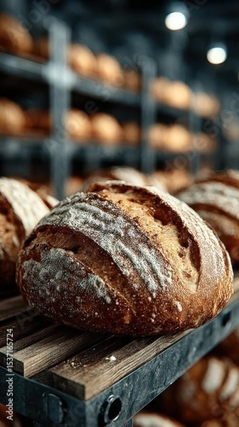 Fototapeta Freshly baked artisanal bread on wooden shelves in a rustic bakery during morning hours