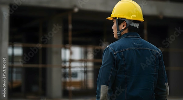 Fototapeta Construction Worker in Yellow Helmet at Building Site