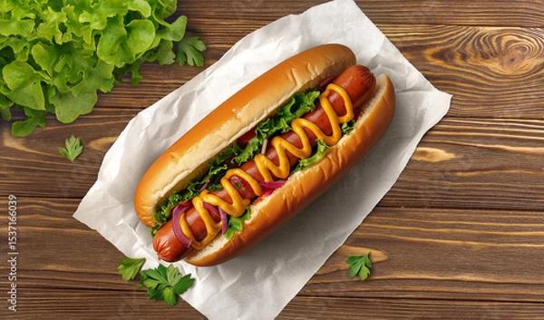 Fototapeta Blank white crumpled baking paper mockup with hot dog, ai generated