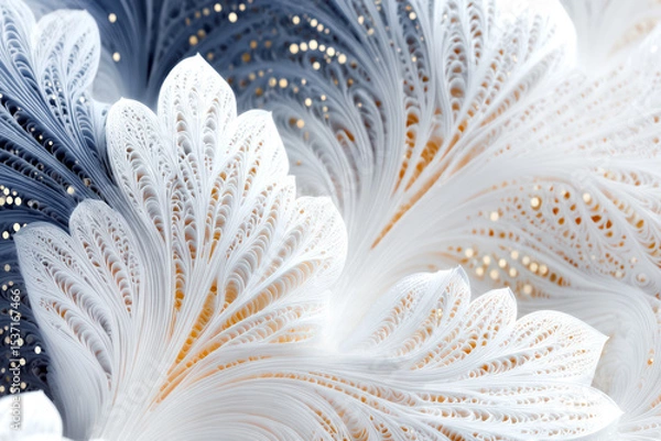 Obraz Delicate 3D lace structure in leaf shape with golden light dots on a bright background in abstract depth. Golden dots and shadows create spatial effect and visual magic