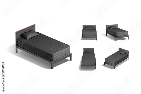 Fototapeta Blank wooden single bed with black bedding mockup, different views