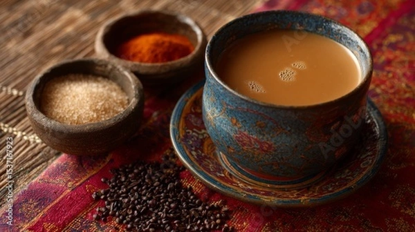 Fototapeta Tibetan Po Cha: A studio shot traditional Tibetan butter tea black tea yak butter salt bold warming.