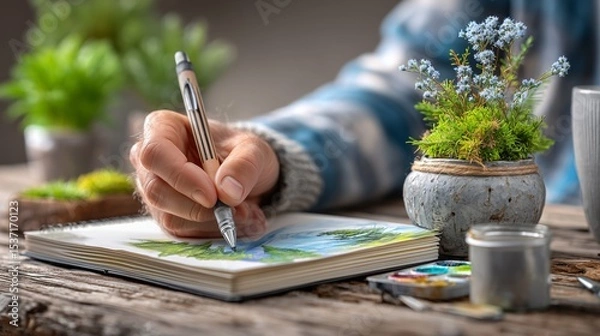 Obraz Artistic expression through nature drawing home studio sketching cozy environment close-up view creativity unleashed