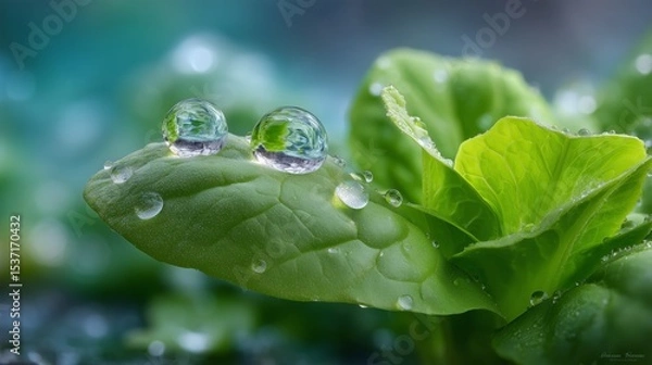 Obraz Raindrops on fresh green lettuce leaves close-up nature photography serene environment macro view beauty of plants