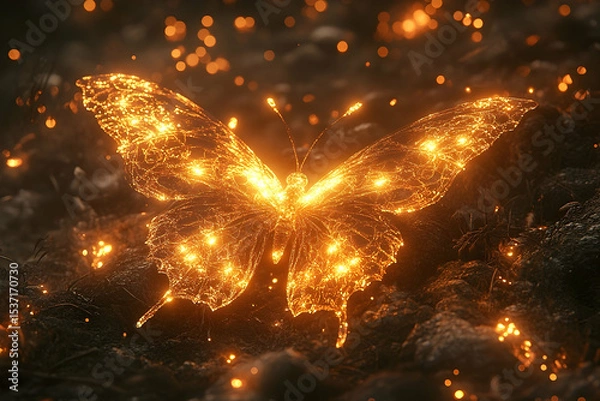 Obraz Golden, glowing butterfly hovering over a textured, dark ground with floating bokeh lights