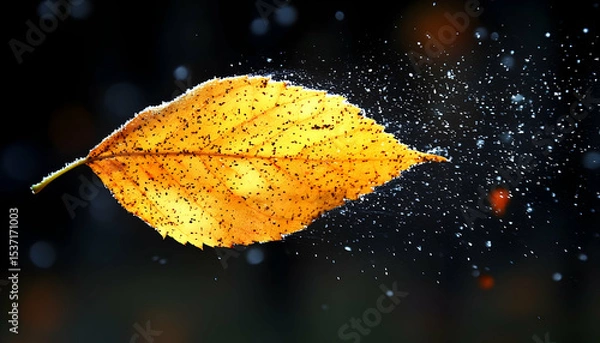 Fototapeta Glowing yellow leaf floats with blurred background and sparkly water droplets