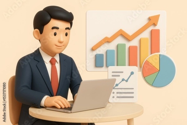 Fototapeta Businessman working on laptop with charts and graphs showing growth