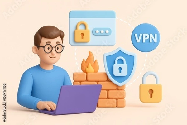 Fototapeta Man using laptop with VPN and firewall security icons
