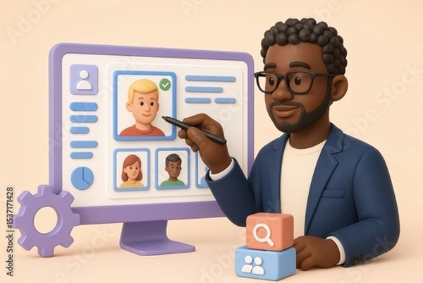 Fototapeta Man selecting profile on computer screen with digital interface