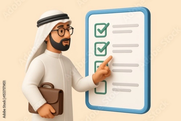 Fototapeta Arab man with checklist and briefcase showing progress
