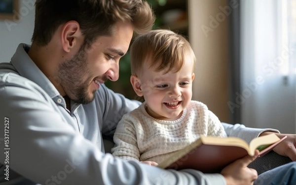 Obraz Happy child reading book with father. High quality