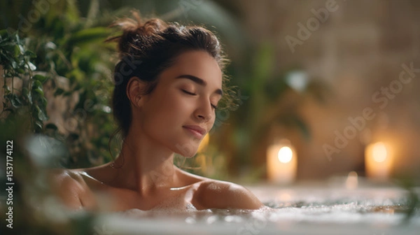 Fototapeta Woman with a relaxed expression enjoys a luxurious bath surrounded by lush greenery and soothing candlelight. Perfect for concepts of relaxation, self-care, and spa advertisements featuring 
