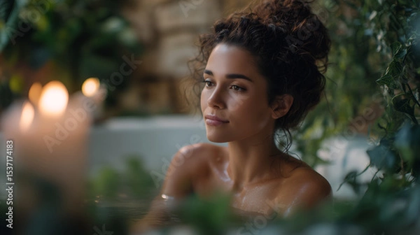Fototapeta Woman with a relaxed expression enjoys a luxurious bath surrounded by lush greenery and soothing candlelight. Perfect for concepts of relaxation, self-care, and spa advertisements featuring 