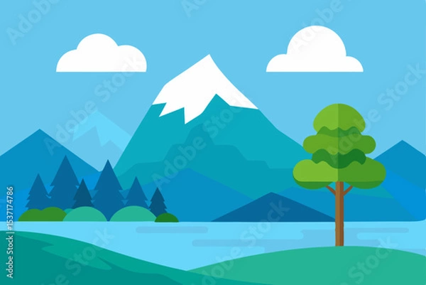 Fototapeta A vibrant vector illustration captures a summer mountain landscape with green trees, hills, and clouds