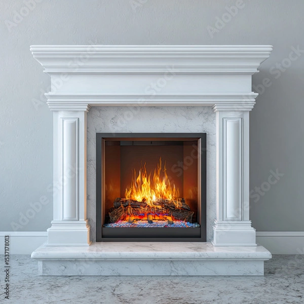 Fototapeta White marble fireplace with burning fire and elegant design