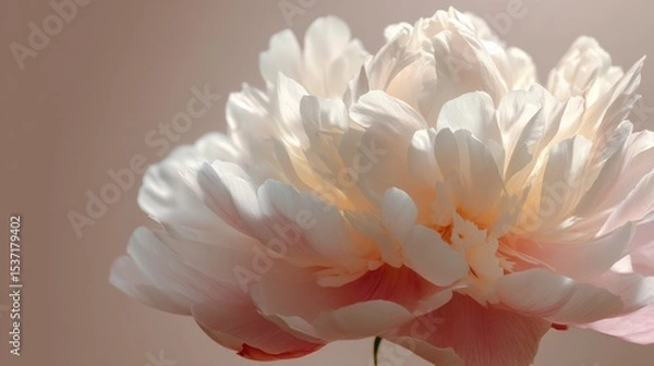 Fototapeta A close-up of a delicate white and pink peony flower with soft petals against a neutral background.