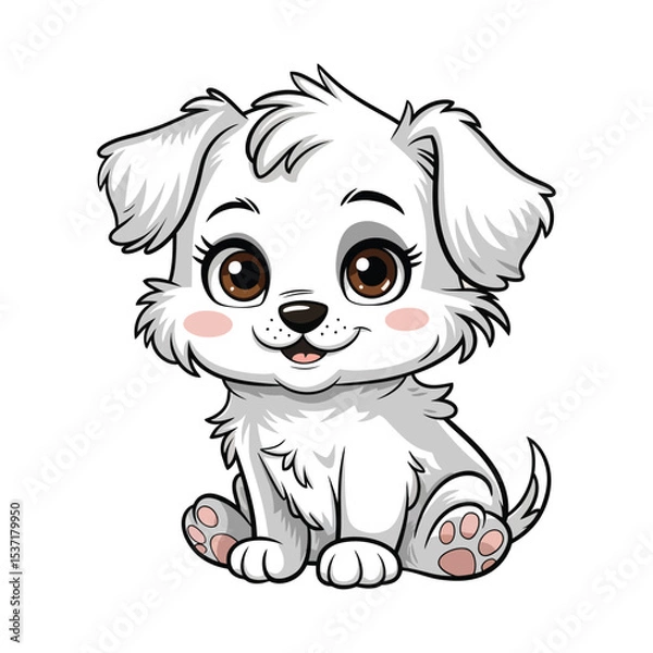 Obraz A cute, fluffy white puppy with large, expressive brown eyes and a small black nose sits attentively.