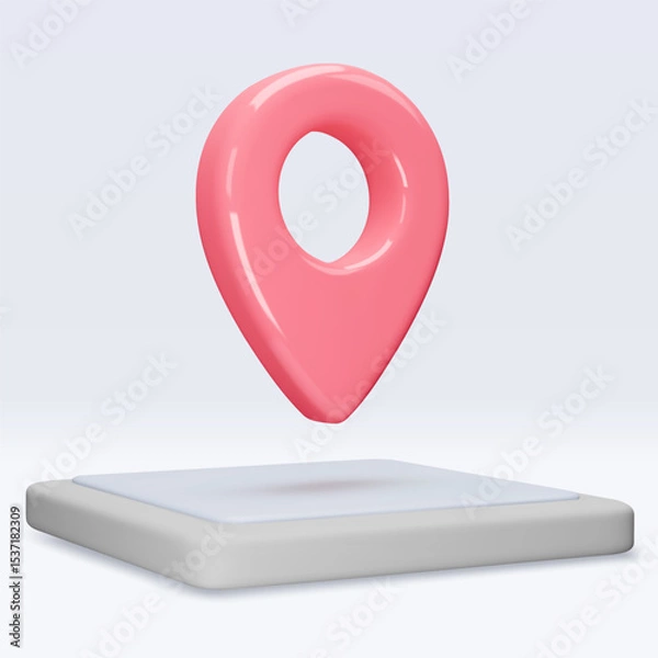 Fototapeta Red location pointer om tablet, placemark, marker of map, navigation pin sign. 3d GPS icon with shadow. Sign for searching on map direction. Vector render illustration isolated on white background