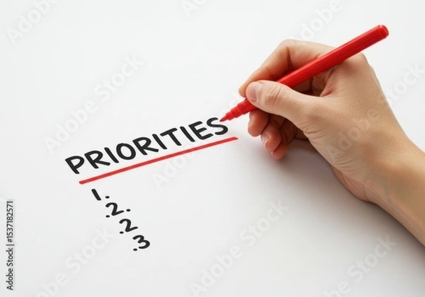 Fototapeta Hand writing priorities list with red marker on white paper