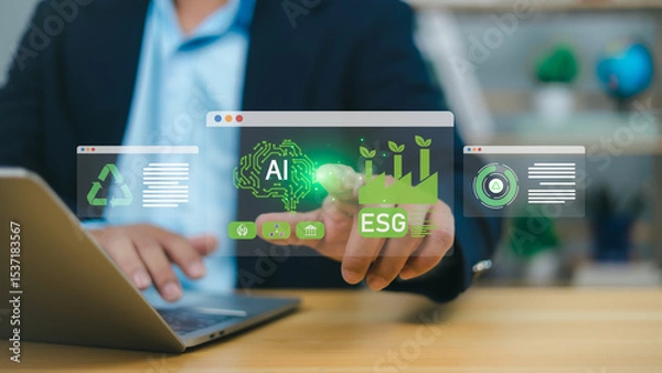 Obraz ESG environmental social governance investment business concept, Businessman showing green business dashboard, Symbolizes integrating Artificial Intelligence with sustainable business growth together.