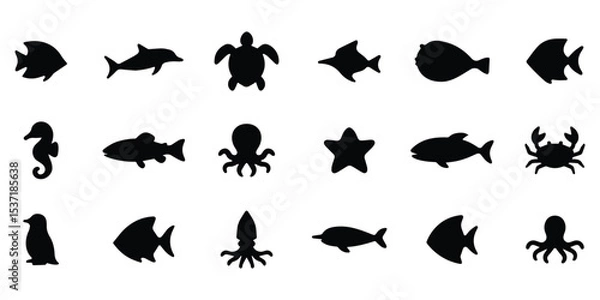 Obraz Silhouettes of various sea animals including fish, octopus, crab, and turtle, isolated vector marine life icons