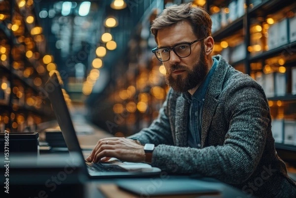 Obraz Businessman using computer for cloud-based document management and file storage.