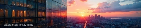 Fototapeta Modern glass office building at dusk, city skyline visible, warm sunset light reflecting on windows Clean lines, architectural details, urban scene , property, design