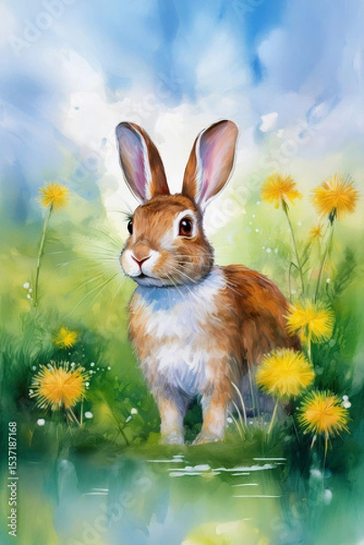 Fototapeta Painting style image of a Dutch rabbit surrounded by green grass and dandelion flowers in bloom