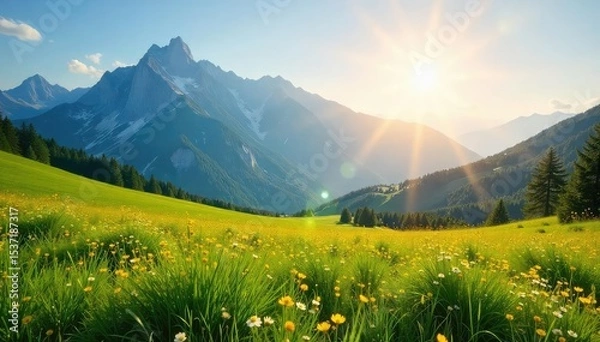 Fototapeta A sweeping vista of a sun-drenched meadow stretching to a distant, majestic mountain range under a vast, clear sky The scene evokes a sense of serenity and timeless beauty , summer, vista, beautiful