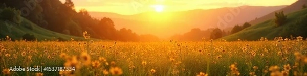 Fototapeta Serene landscape bathed in golden sunlight, conveying a sense of calm and inner peace; perfect for meditation and energy healing imagery , peace, awareness