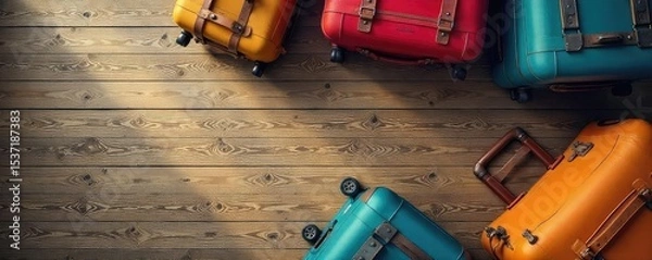 Fototapeta Overhead shot of various suitcases and bags on a rustic wooden floor, ready for travel Perfect for travel blogs, articles, and websites promoting luggage or travel accessories , brown, arrival