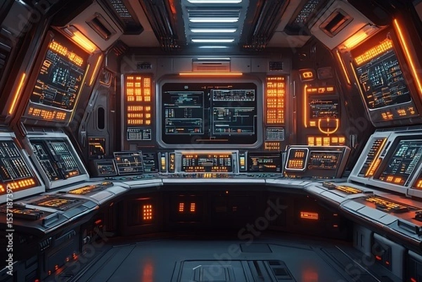 Obraz Futuristic interior of a spaceship cockpit with detailed control panels and illuminated displays
