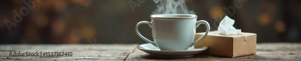 Fototapeta Close-up of a steaming mug beside a box of tissues on a rustic wooden table, indicative of a winter cough and cold remedy Perfect for blogs, websites, or health-related content , illness, home, table